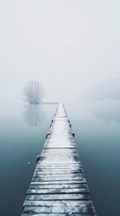 Misty lakeside pier leading to a solitary tree