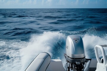 individual steering boat with outboard engine at sea