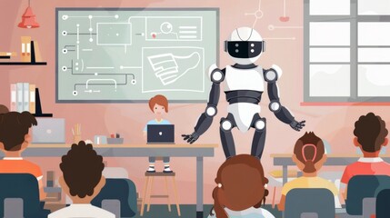 Robot Teaching Students in Classroom - obrazy, fototapety, plakaty