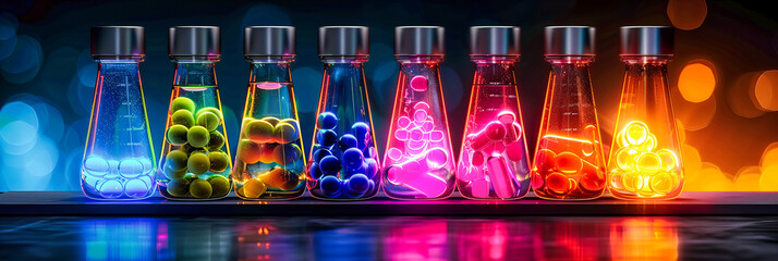A laboratory scene with glassware and a mysterious blue liquid, creating an atmospheric and intriguing setting for scientific research and experimentation - obrazy, fototapety, plakaty