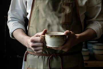 midsection shot of an apronwearing person holding a steaming cup