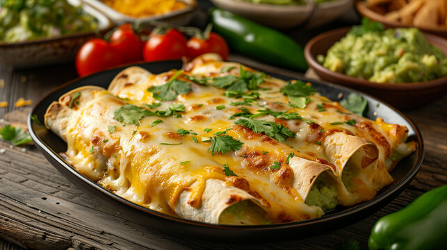 Traditional Mexican green enchiladas served with guacamole