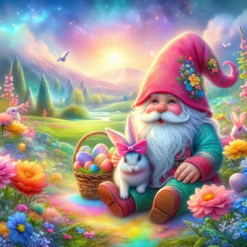 Easter landscape  gnome with basket and a rabbit with a ribbon
