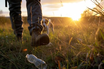 dog walker spotting plastic bottle in grass, sunset hues - obrazy, fototapety, plakaty
