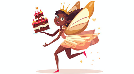 Redfi3 african fairy girl flying carrying cake flat vector isolated