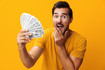 Man happy currency money dollar business smiling rich finance background cash yellow