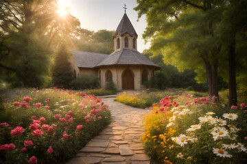 Flowers blooming with a church background - obrazy, fototapety, plakaty