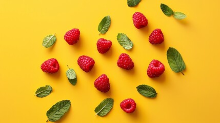 a group of raspberries and leaves on a yellow background