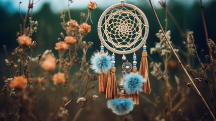 A dreamcatcher with feathers and beads hanging from it - Powered by Adobe