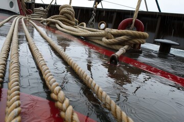 taut ropes and wet deck in blustery wind