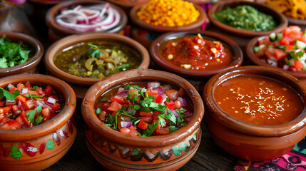 Vibrant Mexican salsas assortment in traditional clay pots, (cute photostock style)::15  - obrazy, fototapety, plakaty