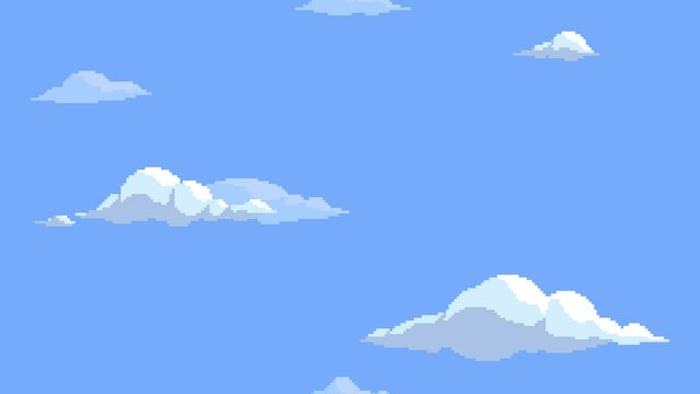Pixel art clouds floating vertically on blue sky background. Seamless looping animation. Animated cartoon cloudscape.