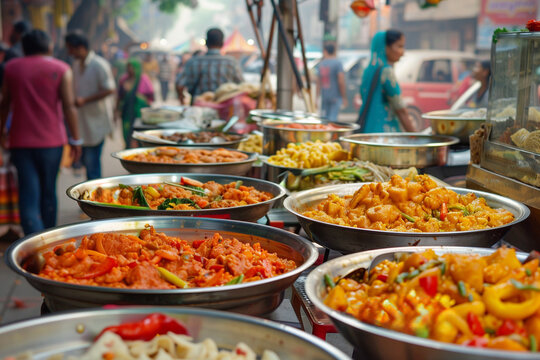 Vibrant street market featuring Asian and Indian food, (cute photostock style)::15 