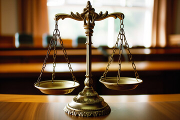 scales of justice on witness stand in court - obrazy, fototapety, plakaty