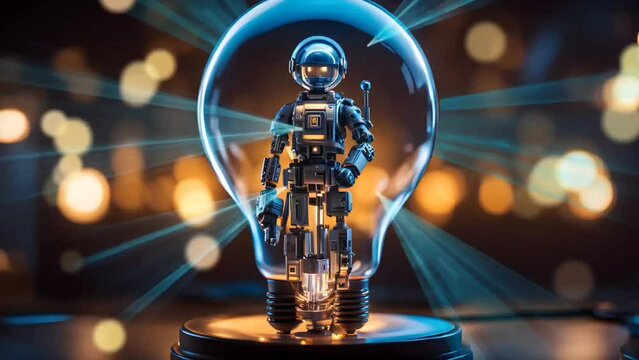 Robot inside lightbulb. Seamless looping time-lapse 4k video animation background