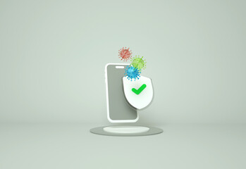 Protection shield with phone and computer virus. Data security concept. Mobile security app on smartphone screen. Data security protection. Security antivirus. Cyber attack. 3d render