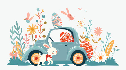 Cute bunny rabbit hare driving the vintage car with d