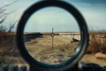 snipers pov through crosshairs at a distant target - obrazy, fototapety, plakaty