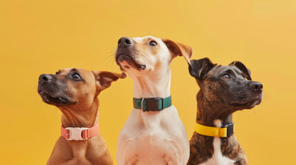 An expressive trio of dogs look upwards, sporting bright collars against a vivid yellow background