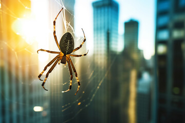 spider crawling on a skyscraper window - obrazy, fototapety, plakaty