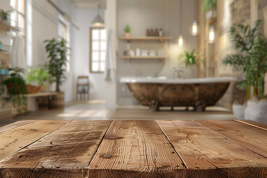Wooden table in foreground with blurred stylish bathroom, (cute photostock style)::15 