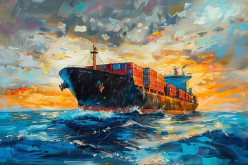 Container Ship Transporting Goods for Global Business, Freight Forwarding, Commercial Trade and Logistics, Oil Painting