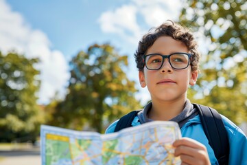 kid with glasses on a school field trip, holding a map