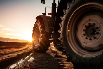 sun setting behind a tractor, focused on the silhouette of its tires