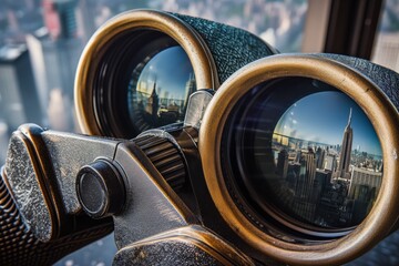tourist binoculars showing a city panorama within lenses - obrazy, fototapety, plakaty