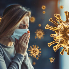 A worried woman in a protective mask stands surrounded by floating virus particles, highlighting health concerns during a pandemic.