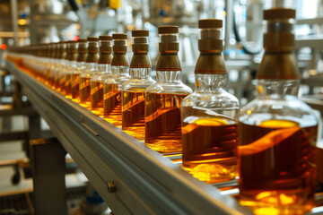 conveyor belt with bottles being filled with whisky