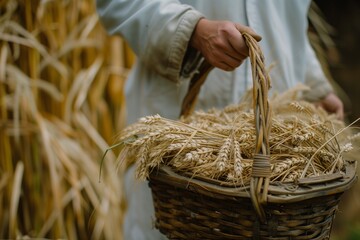 Fototapeta premium worker carrying basket of fresh barley for steeping