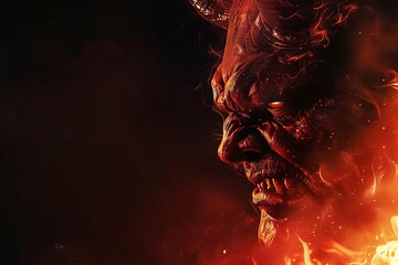 Angry devil profile, copy space, black background, hell concept art. Digital illustration. - obrazy, fototapety, plakaty
