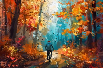 Autumn forest with biker, colorful fall foliage, outdoor adventure sport, digital painting illustration