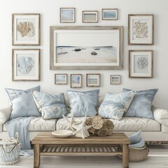 3D Render of a coastal-themed living room with beachy picture frames and ocean-inspired artwork, on isolated white background, Generative AI
