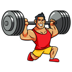 Cartoon strong bodybuilder lifts barbell and smiles, vector, logo, cartoon, illustration, mascot, character