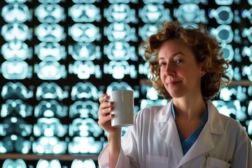 radiologist with mug in hand, in front of mri scans - obrazy, fototapety, plakaty