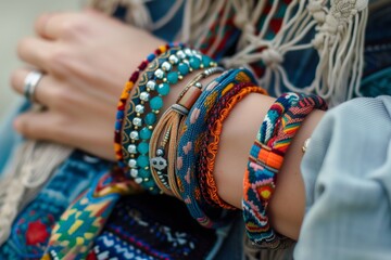closeup on colorful boho bracelets and rings on wrists - obrazy, fototapety, plakaty