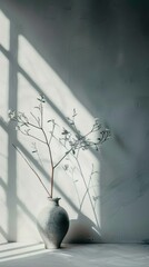 Minimalist composition of a vase with delicate branches casting shadows
