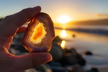 Foto auf Acrylglas person at a beach during sunset holding an agate druse, light reflecting through © Natalia