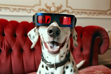 dalmatian with 3d glasses, reacting to an actionpacked movie