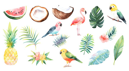 Tropical watercolor elements PNG. Coconut, Palm leaf, Pineapple, Hawaii flower, Parrot. Transparent background.