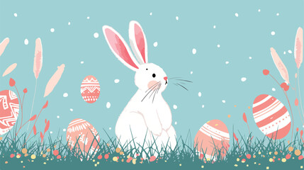 Easter eggs and bunny in grass on blue background flat