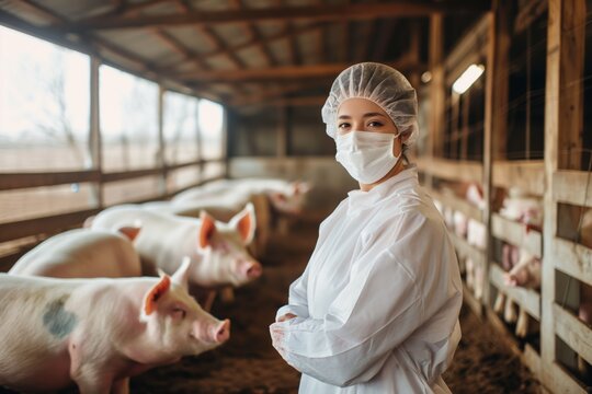 Veterinarian with pigs in a biosecurity facility