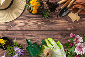 Dive into spring gardening with tools aplenty. Overhead shot featuring colorful blooms, sunhat, watering can, and other essentials on a wooden surface. Perfect for plant lovers
