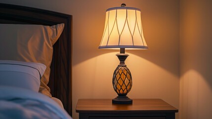 A table lamp sits atop a sleek wooden nightstand. - 772844933