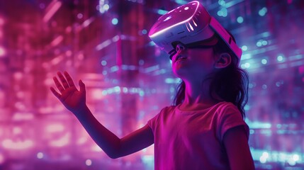 A young girl in VR glasses, neon virtual world background. - 772844939