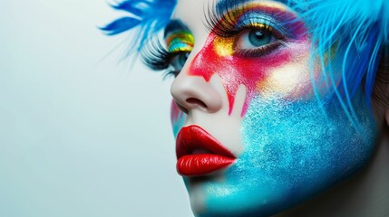 A woman with vibrant and avant-garde makeup on a white background. - 772844941