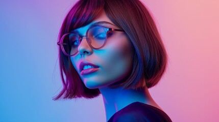 A woman with a stylish black bob haircut and glasses. - 772844947