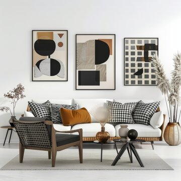 3D Render of a mid-century modern living room with geometric picture frames and abstract artwork, on isolated white background, Generative AI